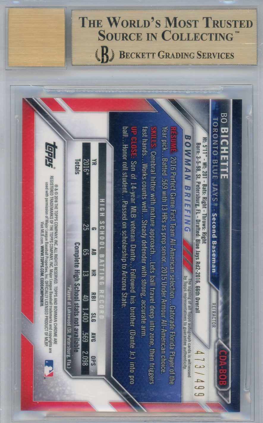 Bo Bichette 2016 1st Bowman Chrome Autograph Refractor Card /499 #CDA-BOB  BGS 9.5